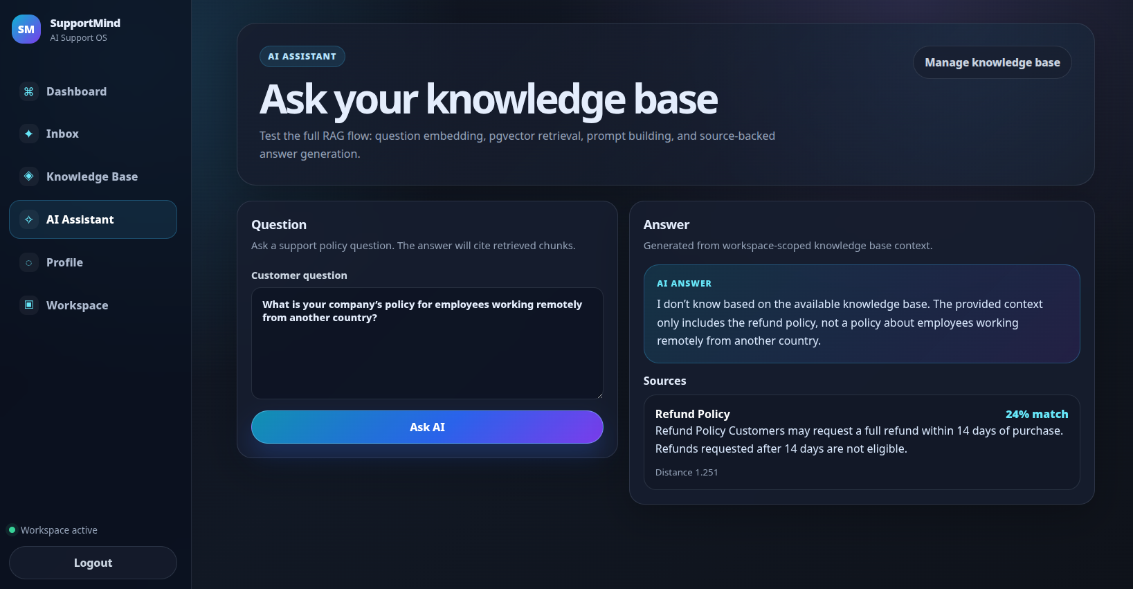 SupportMind refusing to invent an answer when the knowledge base lacks relevant context
