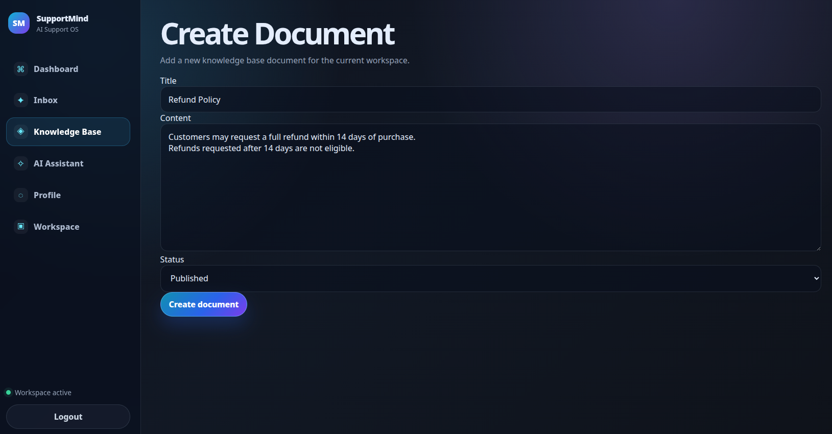 SupportMind knowledge base document creation screen